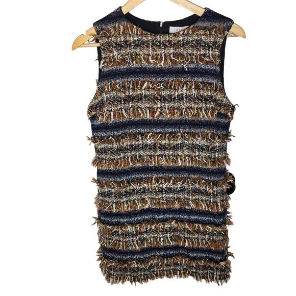 Just Drew Tweed Fringe Boucle Shift Mini Dress Metallic Neutral Sleeveless 6 - Picture 2 of 9